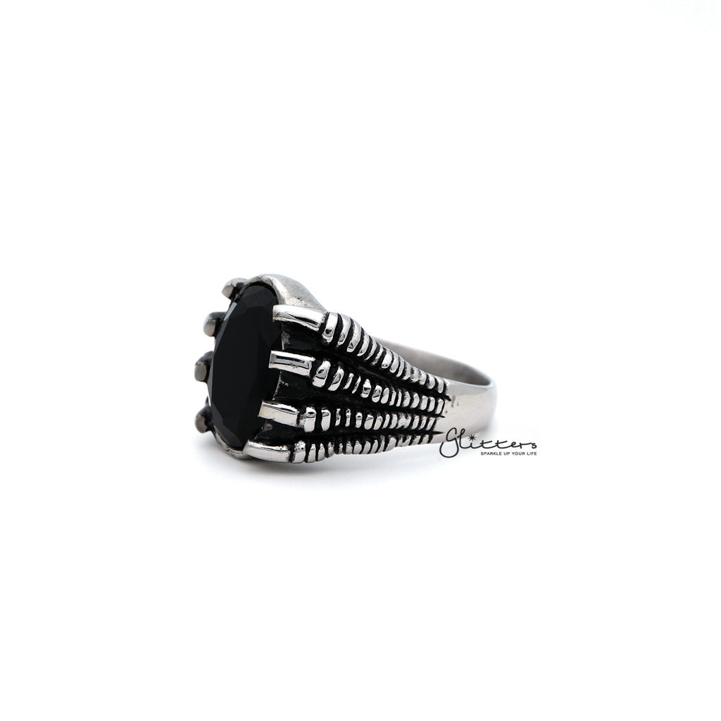 Men's Antiqued Stainless Steel Claw with Black CZ Stone Casting Rings-Cubic Zirconia, Jewellery, Men's Jewellery, Men's Rings, Rings, Stainless Steel, Stainless Steel Rings-SR0210_1000-02-Glitters