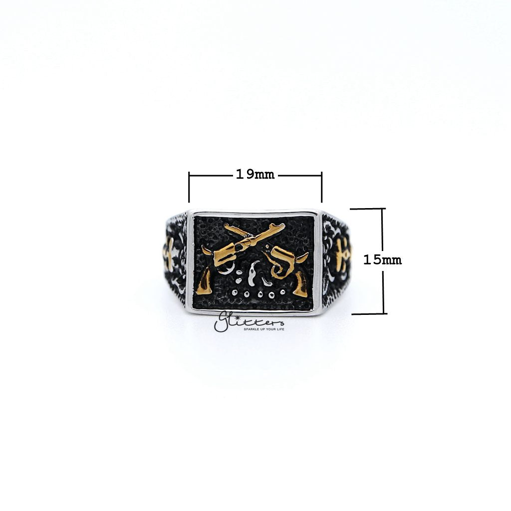 Stainless Steel Antiqued Two Tone Square with Crossed Guns Casting Men's Rings-Jewellery, Men's Jewellery, Men's Rings, Rings, Stainless Steel, Stainless Steel Rings-SR0245_1000-01_New-Glitters