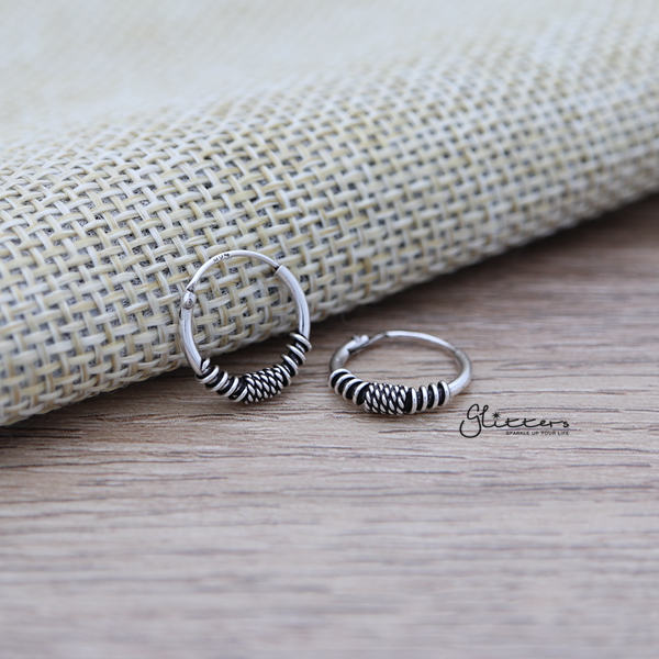 Sterling Silver Bali Hoop Sleeper Earrings - 12mm - SSE0233-earrings, Hoop Earrings, Jewellery, Women's Earrings, Women's Jewellery-SSE0233_03-Glitters