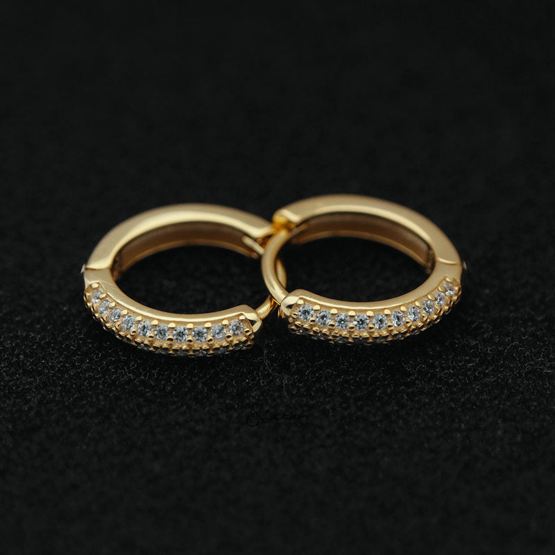 2 Lines CZ Paved Sterling Silver One-Touch Huggie Hoop Earrings - Gold-Cubic Zirconia, earrings, Hoop Earrings, Jewellery, Women's Earrings, Women's Jewellery-SSE0399-G-2_800-Glitters