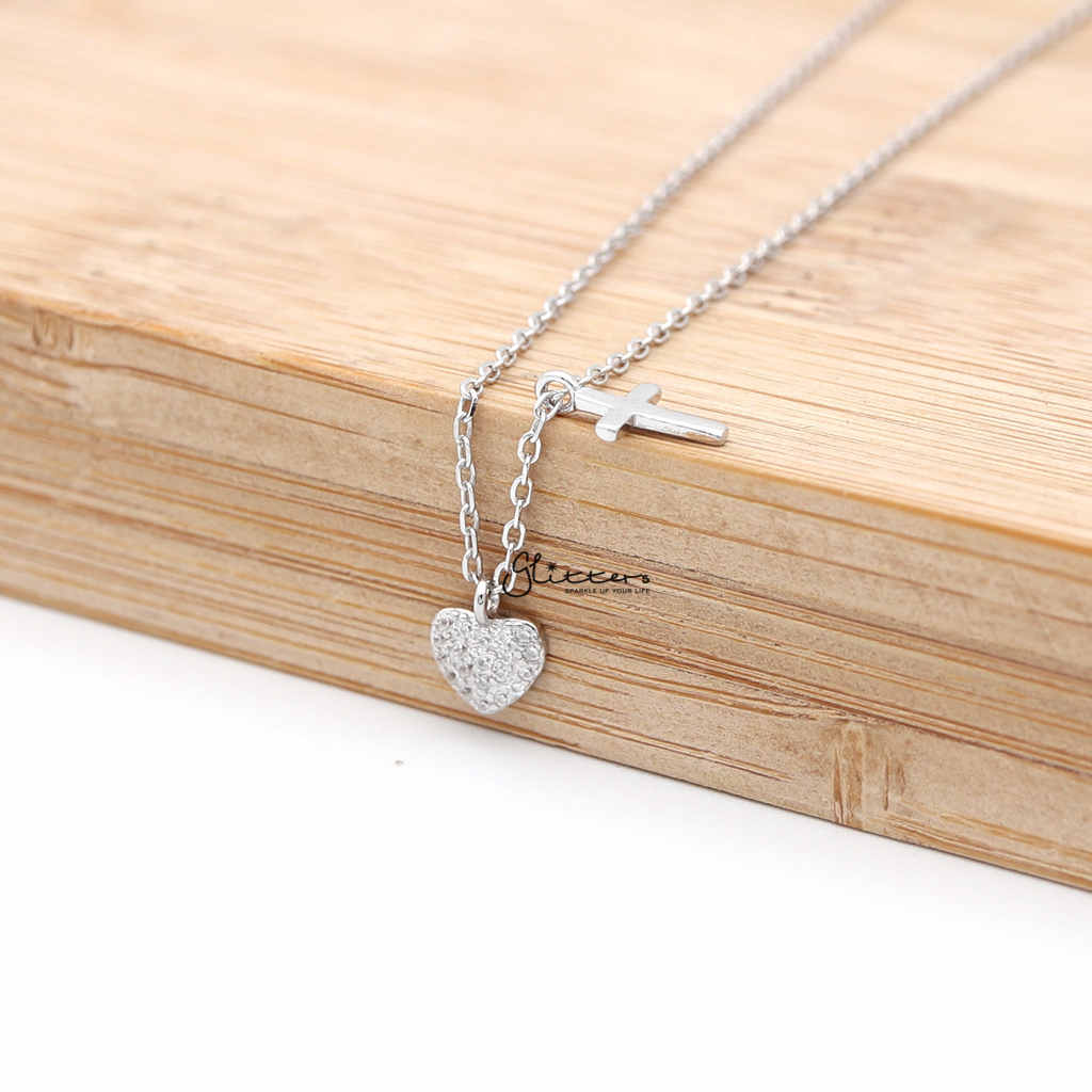 Sterling Silver CZ Paved Heart with Plain Cross Women's Necklace-Cubic Zirconia, Jewellery, Necklaces, Sterling Silver Necklaces, Women's Jewellery, Women's Necklace-SSP0124_1000-02-Glitters