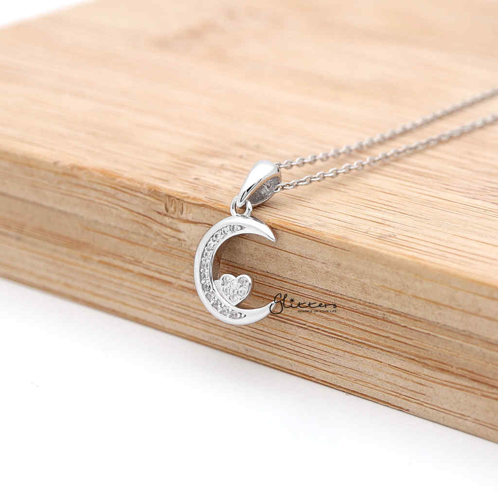 Sterling Silver CZ Paved Moon with CZ Heart in the Middle Women's Necklace-Cubic Zirconia, Jewellery, Necklaces, Sterling Silver Necklaces, Women's Jewellery, Women's Necklace-SSP0127_1000-01-Glitters