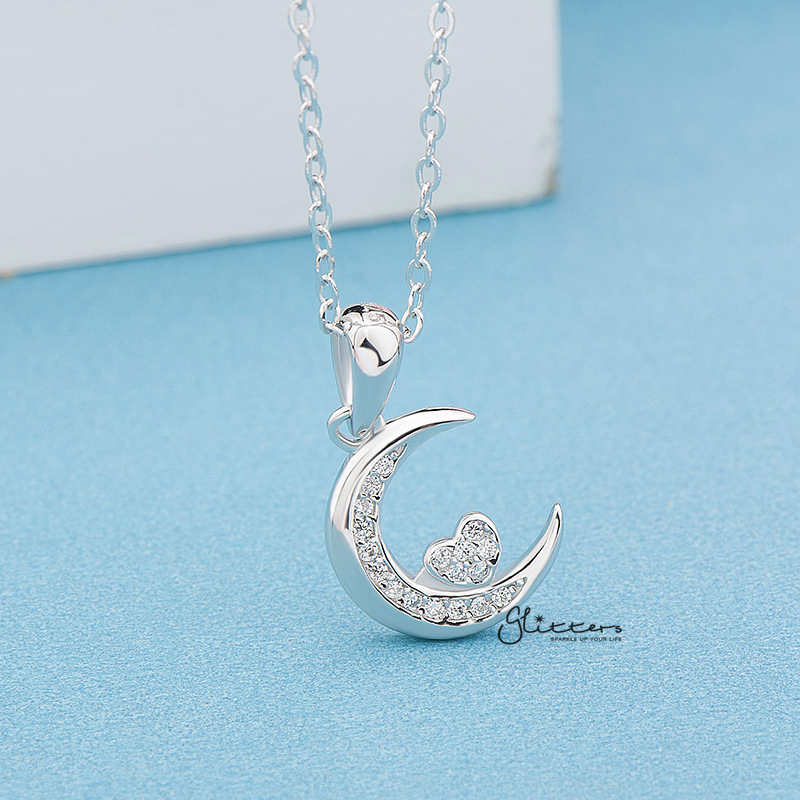 Sterling Silver CZ Paved Moon with CZ Heart in the Middle Women's Necklace-Cubic Zirconia, Jewellery, Necklaces, Sterling Silver Necklaces, Women's Jewellery, Women's Necklace-SSP0127_800-01-Glitters