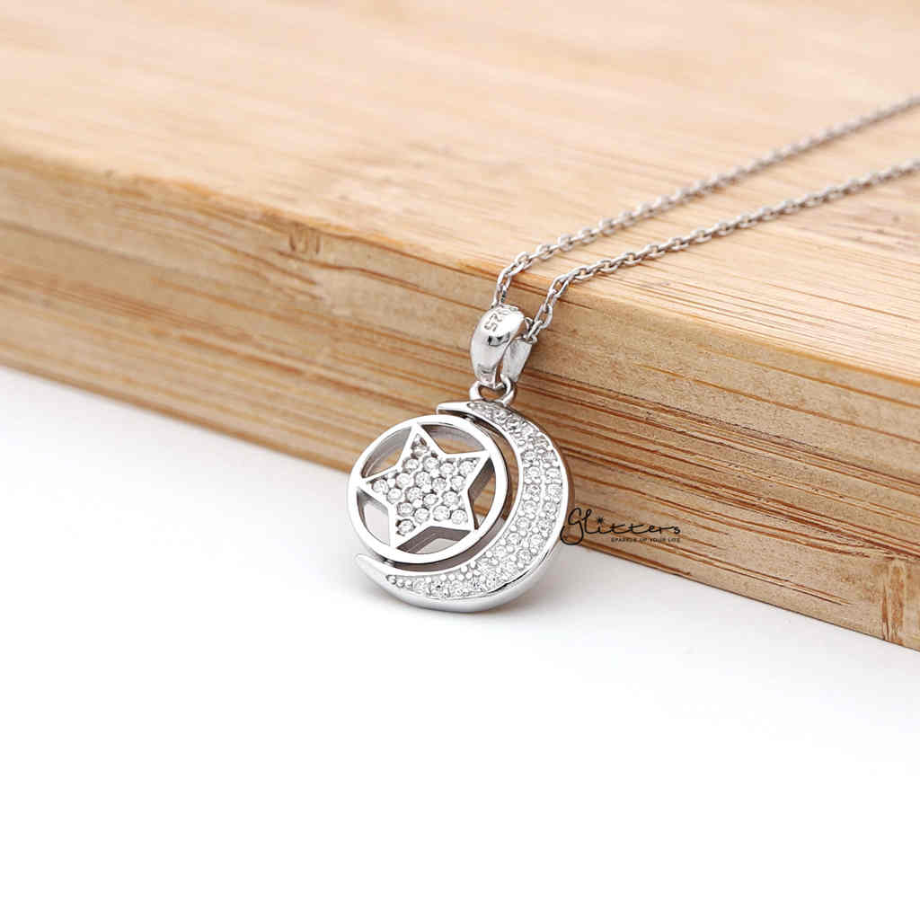 Sterling Silver CZ Paved Moon with Rotatable Double Sides Star in the Middle Women's Necklace-Cubic Zirconia, Jewellery, Necklaces, Sterling Silver Necklaces, Women's Jewellery, Women's Necklace-SSP0128_1000-01-Glitters