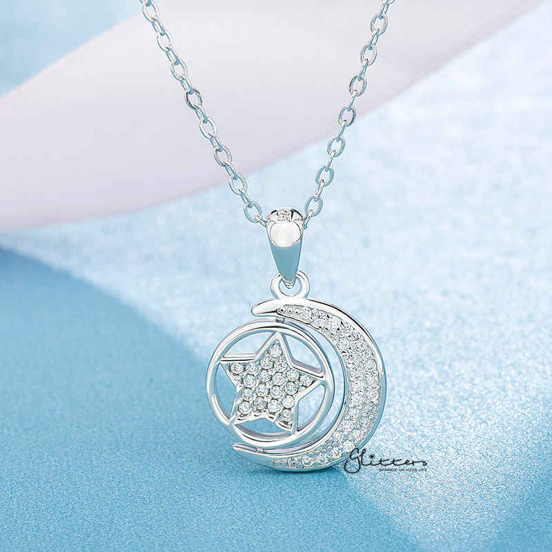 Sterling Silver CZ Paved Moon with Rotatable Double Sides Star in the Middle Women's Necklace-Cubic Zirconia, Jewellery, Necklaces, Sterling Silver Necklaces, Women's Jewellery, Women's Necklace-SSP0128_800-01-Glitters
