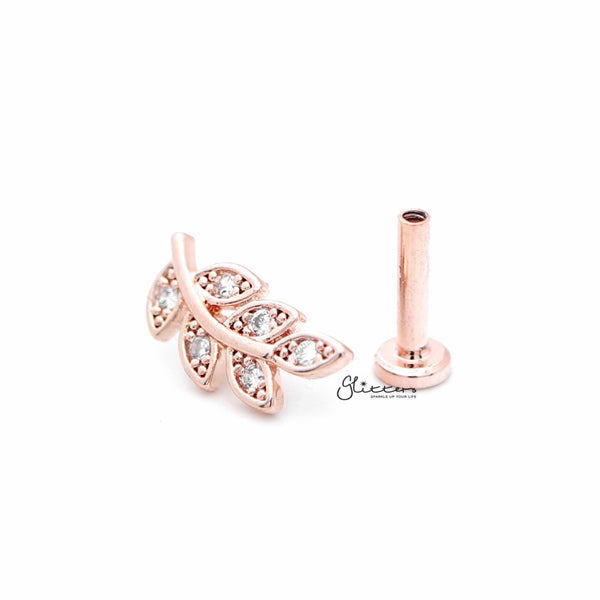 C.Z Paved Leaf Internally Threaded Top Cartilage/Tragus Flat Back Stud - Rose Gold-Body Piercing Jewellery, Cartilage, Cubic Zirconia, Jewellery, Tragus, Women's Earrings, Women's Jewellery-TG0022RG3_600-Glitters