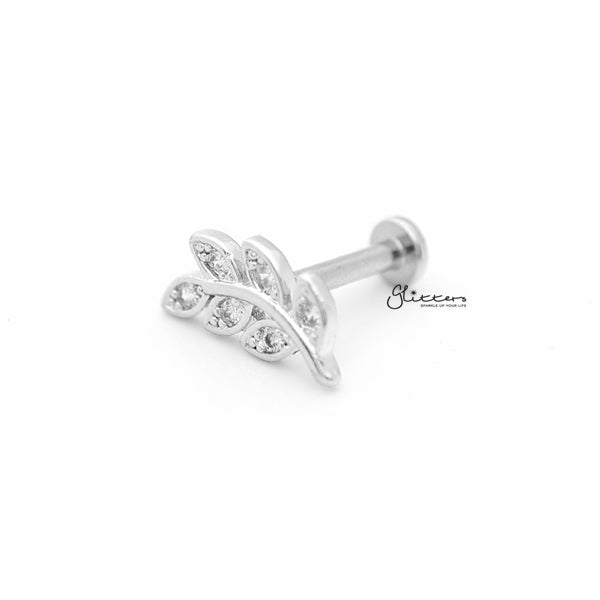 C.Z Paved Leaf Internally Threaded Top Cartilage/Tragus Flat Back Stud - Silver-Body Piercing Jewellery, Cartilage, Cubic Zirconia, Jewellery, Tragus, Women's Earrings, Women's Jewellery-TG0022S2_600-Glitters