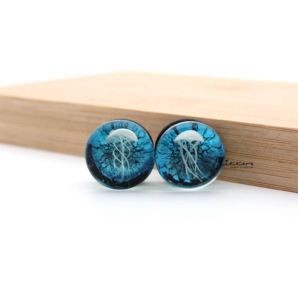 Pyrex Glass Jellyfish Double Flare Black Back with Bright Ocean Background Tunnel Plugs-Body Piercing Jewellery, Plug, Tunnel-TL0044-01-Glitters