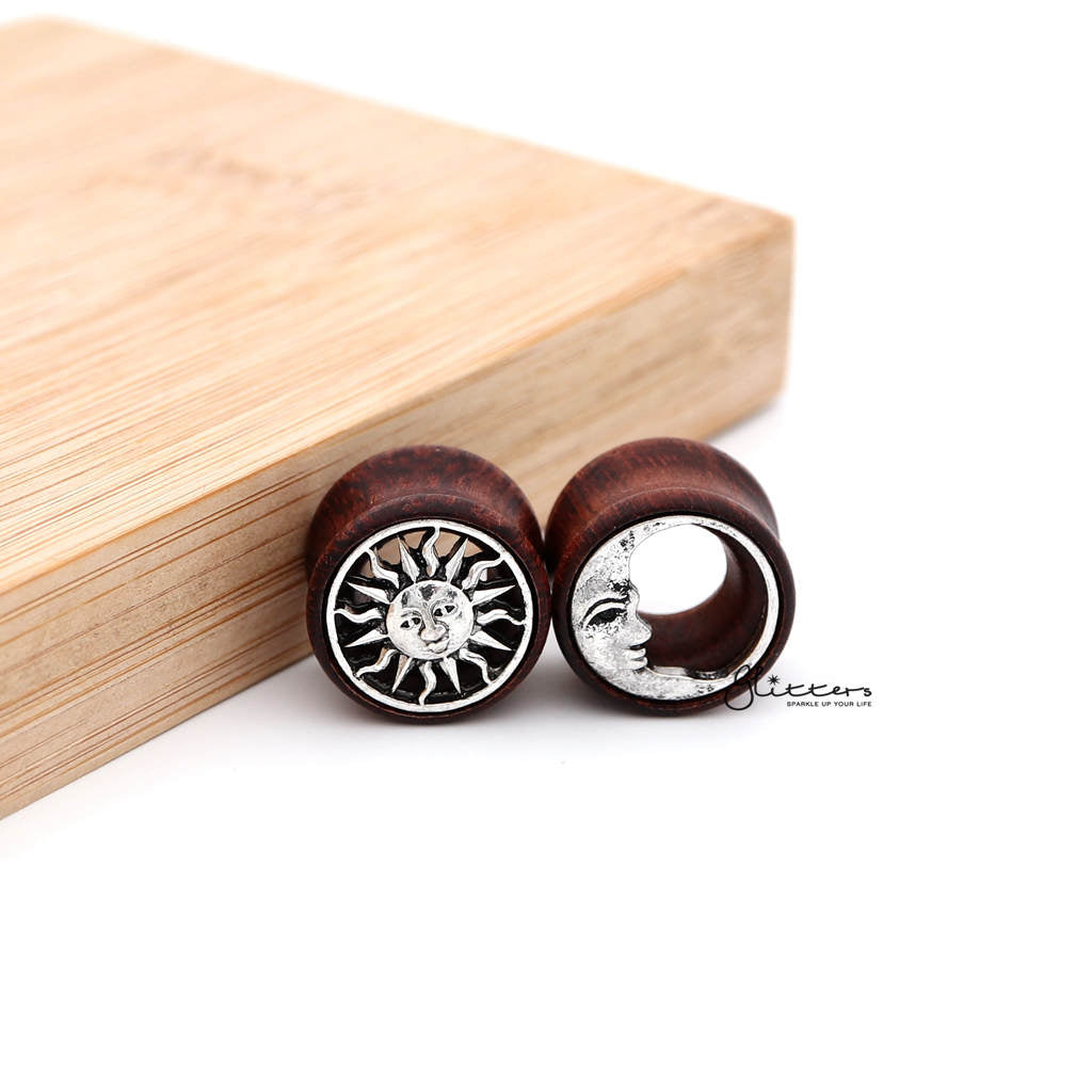 Antique Silver Sun/Moon Pattern Front Organic Wood Saddle Tunnel Plugs-Body Piercing Jewellery, Plug, Tunnel-TL0047_1000-03-Glitters