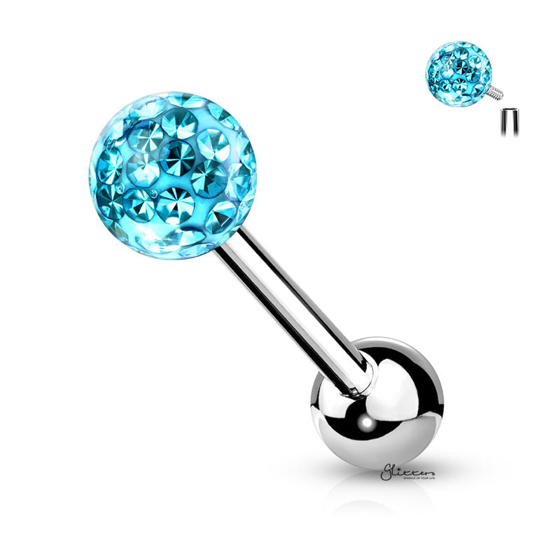 Epoxy Covered Crystal Paved Ferido Balls Tongue Barbell - Aqua-Body Piercing Jewellery, Tongue Bar-TR0005-Q-Glitters