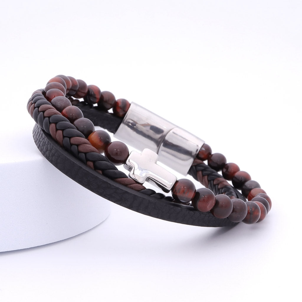 Tiger Eye Beads with Silver Cross Multilayer Leather Bracelet-Bracelets, Jewellery, leather bracelet, Men's Bracelet, Men's Jewellery, New, Stainless Steel-bcl0221-2_1-Glitters