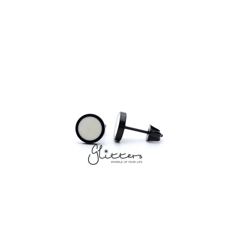 Black Titanium IP Stainless Steel Round Stud Earrings with White Center-earrings, Jewellery, Men's Earrings, Men's Jewellery, Stainless Steel, Stud Earrings, Women's Earrings-er1447-2-Glitters