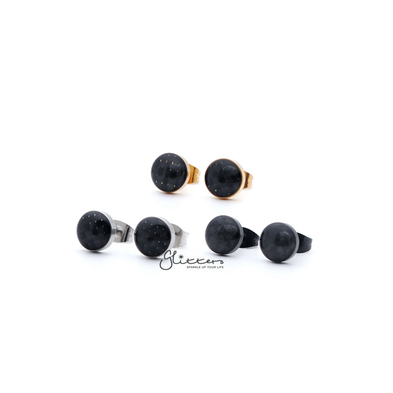 Stainless Steel Round Grids Checkerboard with Carbon Fiber Stud Earrings-Silver | Gold | Black-earrings, Jewellery, Men's Earrings, Men's Jewellery, Stainless Steel, Stud Earrings, Women's Earrings-er1448_0-Glitters