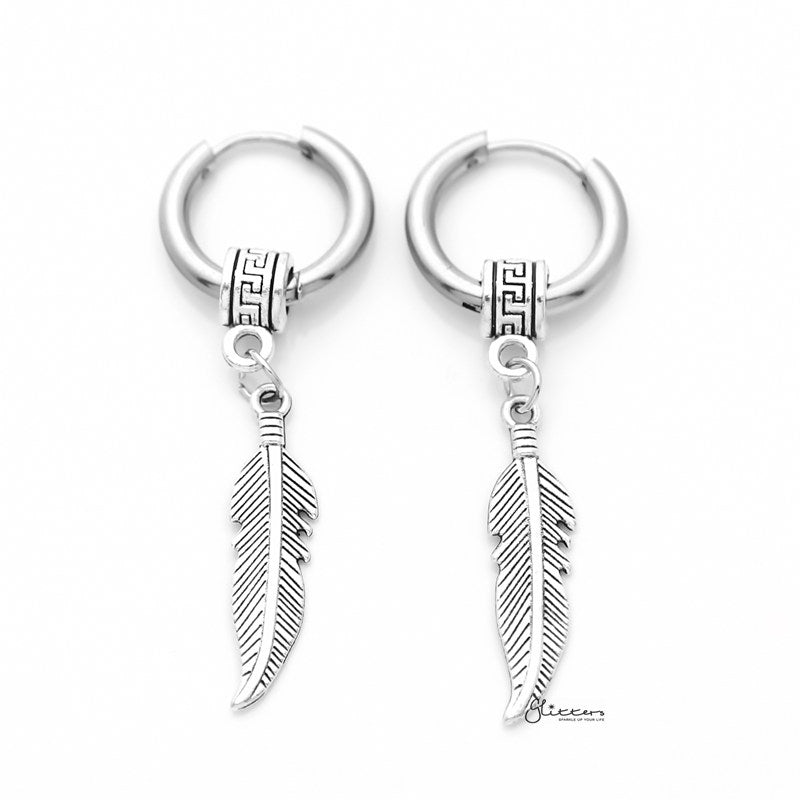 Stainless Steel Huggie Hoop Earrings with Drop Feather-earrings, Hoop Earrings, Huggie Earrings, Jewellery, Men's Earrings, Men's Jewellery, Stainless Steel, Women's Earrings-er1489-s_800-Glitters