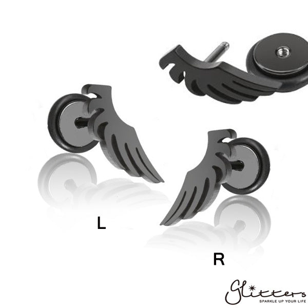 Black Titanium Ion Plated Over Stainless Steel Angel Wing Fake Plugs-Body Piercing Jewellery, earrings, Fake Plug, Jewellery, Men's Earrings, Men's Jewellery-fp0087-fp0088-Glitters