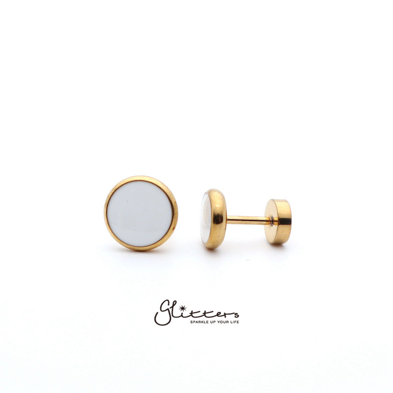18K Gold I.P over Stainless Steel Men's Round Fake Plug with White Center-6mm | 8mm | 10mm-Body Piercing Jewellery, earrings, Fake Plug, Jewellery, Men's Earrings, Men's Jewellery, Stainless Steel-fp0156-0-Glitters