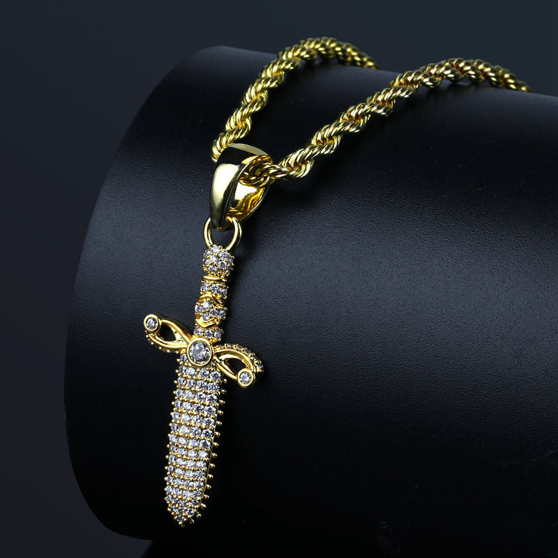 Iced Out Sword Pendant - Gold-Hip Hop, Hip Hop Pendant, Iced Out, Men's Necklace, Necklaces, Pendants-nk1082-G2-Glitters