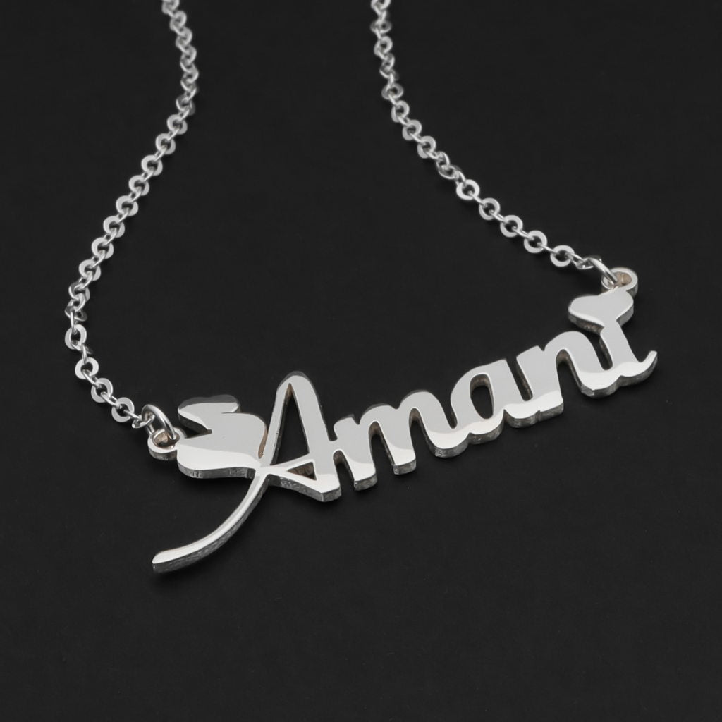 Personalized Sterling Silver Name Necklace-Heart Font-name necklace, Personalized, Silver name necklace-nnk01-f4-Glitters