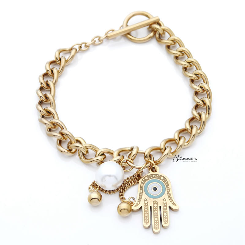 Stainless Steel Women's Bracelet with Dangle Hamsa Charms - Gold-Bracelets, Jewellery, Stainless Steel, Stainless Steel Bracelet, Women's Bracelet, Women's Jewellery-sb0075-1_800-Glitters