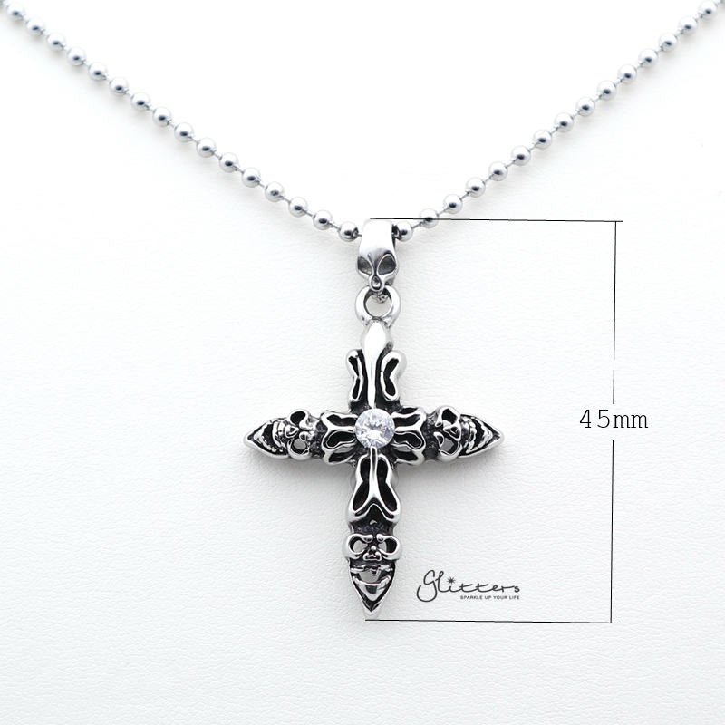 Stainless Steel Skull Cross with C.Z Pendant-Cubic Zirconia, Jewellery, Men's Jewellery, Men's Necklace, Necklaces, Pendants, Stainless Steel, Stainless Steel Pendant-sp0083-w_1__800_New-Glitters