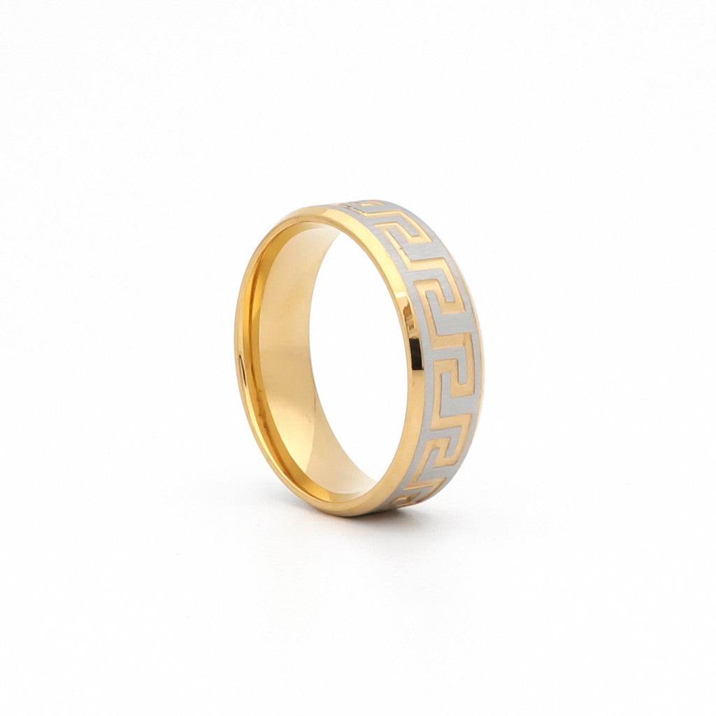 8mm Wide Stainless Steel Two-Tone Greek Key Accented Matt Finish Ring-Jewellery, Men's Jewellery, Men's Rings, Rings, Stainless Steel, Stainless Steel Rings-sr0213-2_1-Glitters