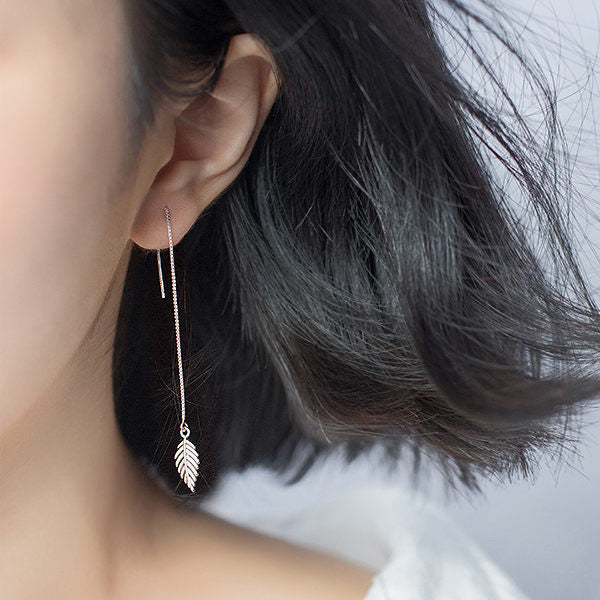 925 Sterling Silver Leaf Long Chain Threader Earrings-Ear Chain, Earrings, Jewellery, Women's Earrings, Women's Jewellery-sse0069-m-Glitters