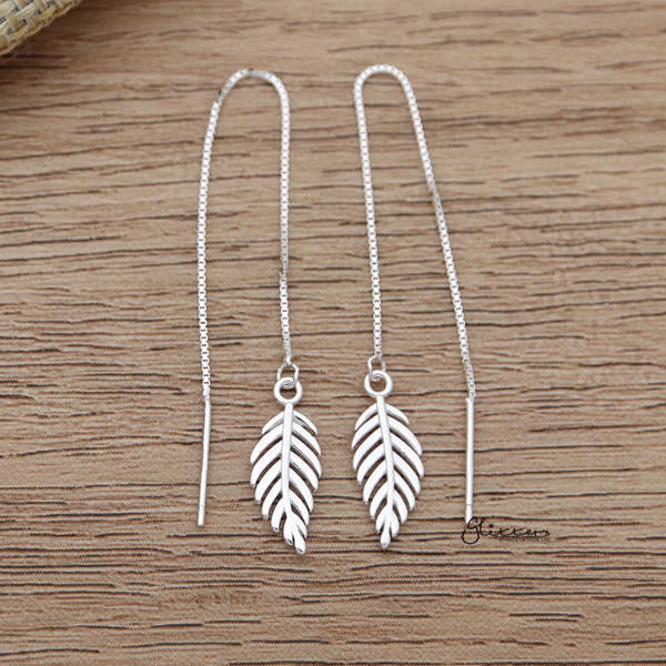 925 Sterling Silver Leaf Long Chain Threader Earrings-Ear Chain, Earrings, Jewellery, Women's Earrings, Women's Jewellery-sse0069_600-Glitters