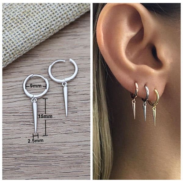 925 Sterling Silver Dangle Spike One-Touch Hoop Earrings-earrings, Hoop Earrings, Jewellery, Women's Earrings, Women's Jewellery-sse0349-02_New-Glitters