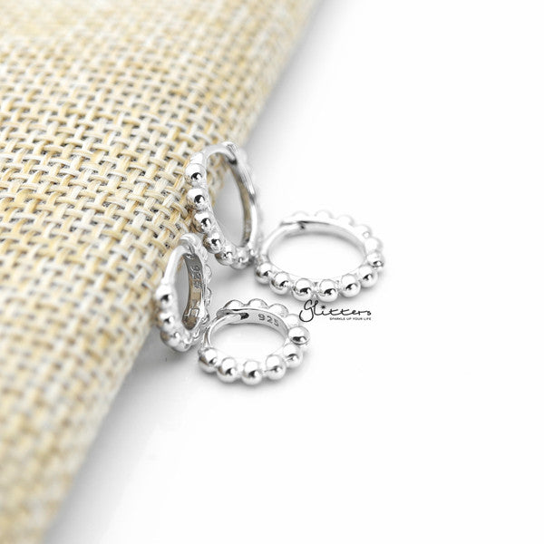 925 Sterling Silver Beaded One-Touch Huggie Hoop Earrings-Daith, earrings, Hoop Earrings, Jewellery, Tragus, Women's Earrings, Women's Jewellery-sse0369-s_600-Glitters