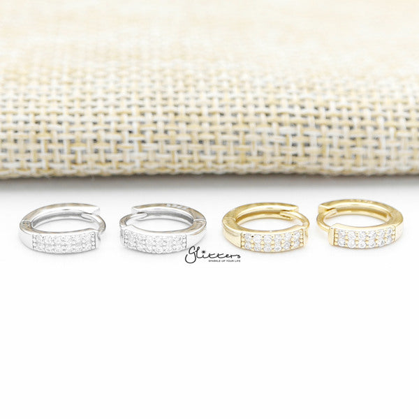 925 Sterling Silver 2 Lines C.Z One-Touch Hoop Earrings-Cubic Zirconia, earrings, Hoop Earrings, Jewellery, Women's Earrings, Women's Jewellery-sse0384-a_600-Glitters