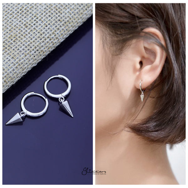 925 Sterling Silver One-Touch Hoop Earrings with Dangle Spike - Silver-earrings, Hoop Earrings, Jewellery, Women's Earrings, Women's Jewellery-sse0391-s-m-Glitters