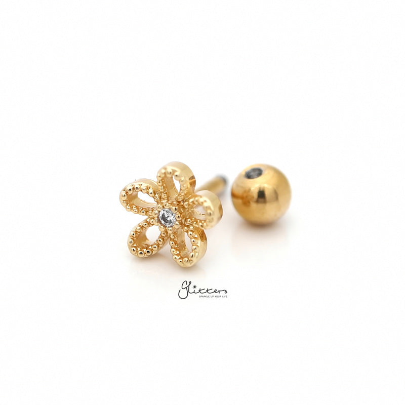 Flower with C.Z Center Cartilage Tragus Barbell - Gold-Body Piercing Jewellery, Cartilage, Cubic Zirconia, Flat back, Jewellery, Tragus, Women's Earrings, Women's Jewellery-tg0065-g-2_800-Glitters
