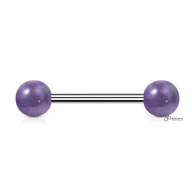 Amethyst Stone Balls Straight Barbell - Tongue | Nipple-Body Piercing Jewellery, Nipple Barbell, Tongue Bar-tr0038-a_1-Glitters