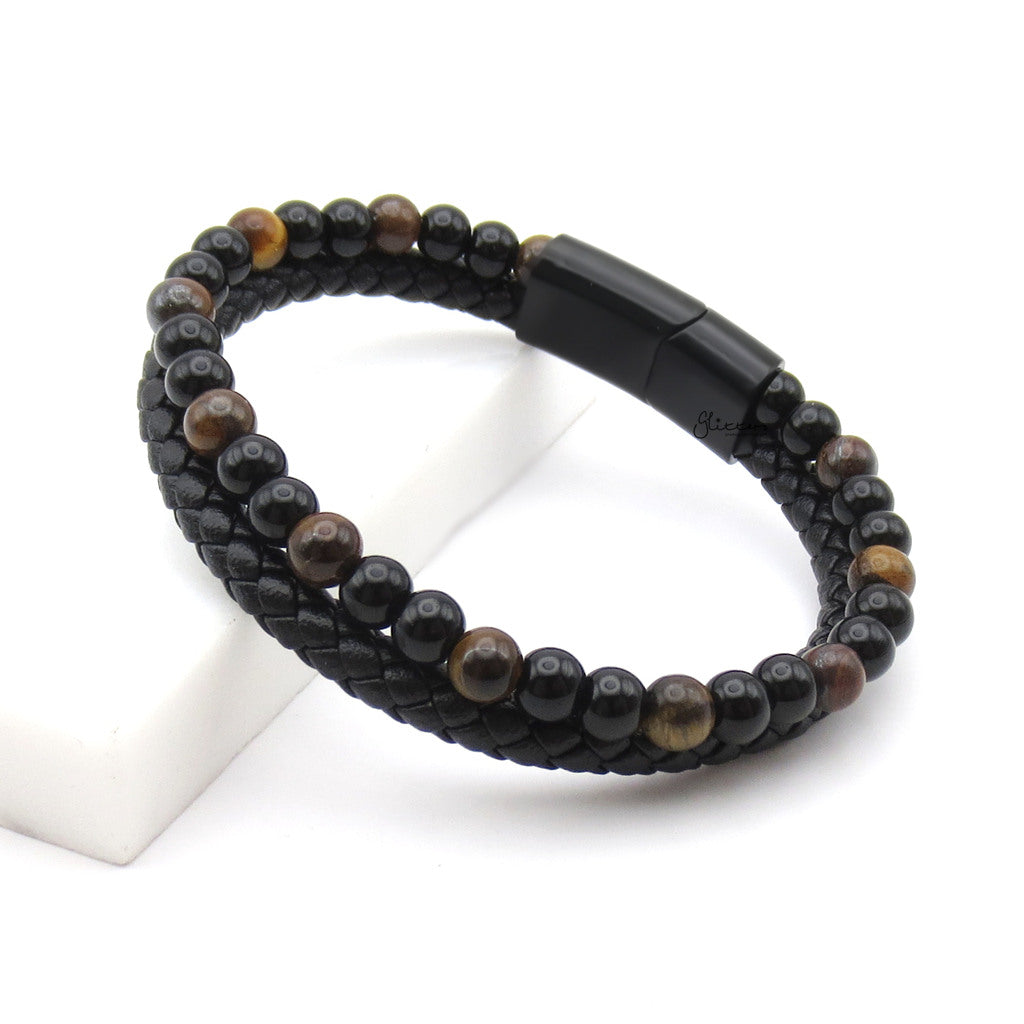 Braided Leather & Tiger Eye Bead Double Layer Bracelet-Leather Bracelets-3-Glitters