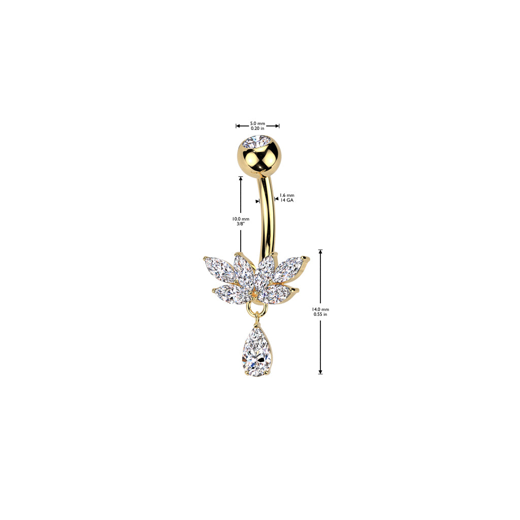 Marquise CZ Fan And CZ Teardrop Dangle Titanium Belly Button Ring - Gold-Belly Rings-2-Glitters