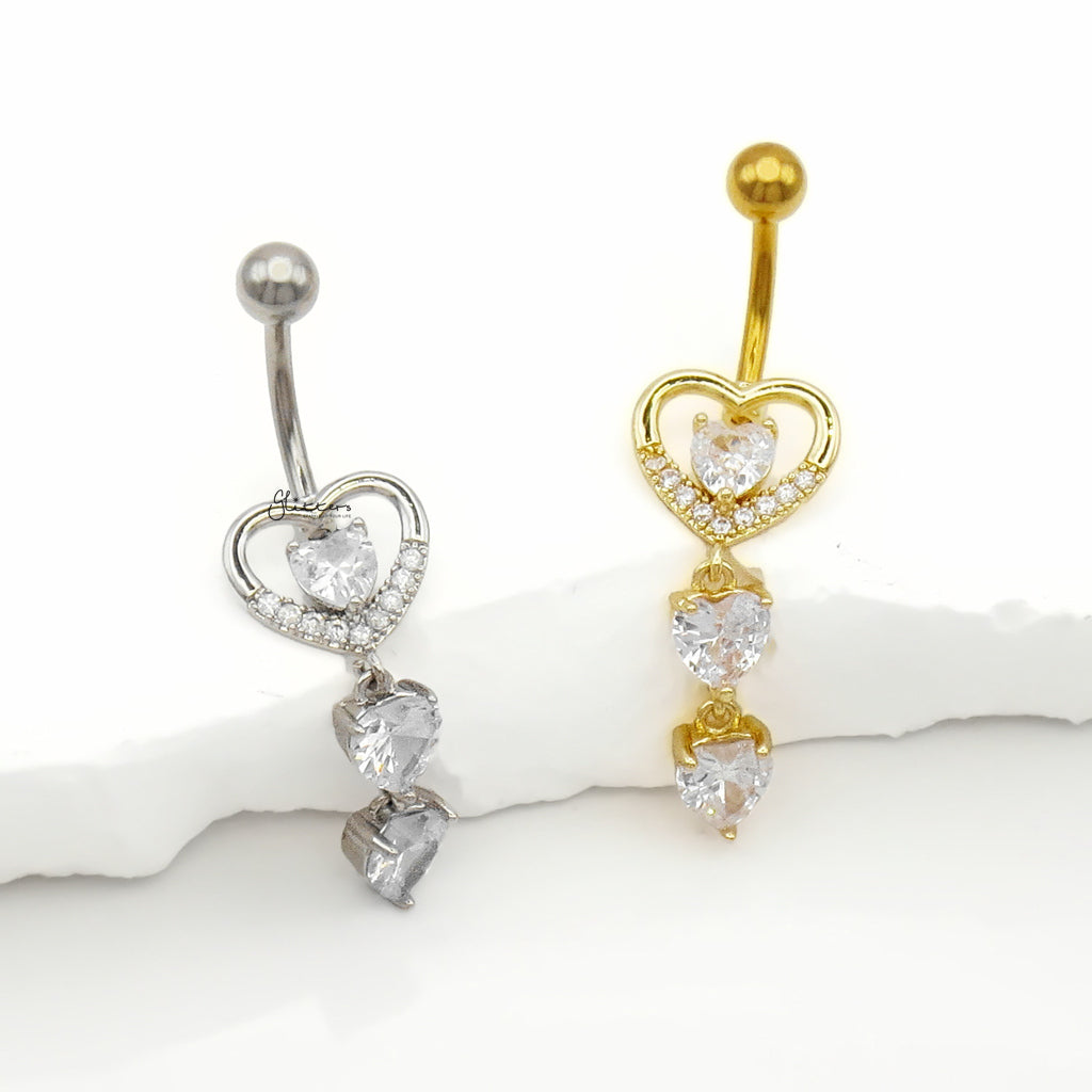 Triple CZ Heart Dangle Belly Button Navel Ring - Silver