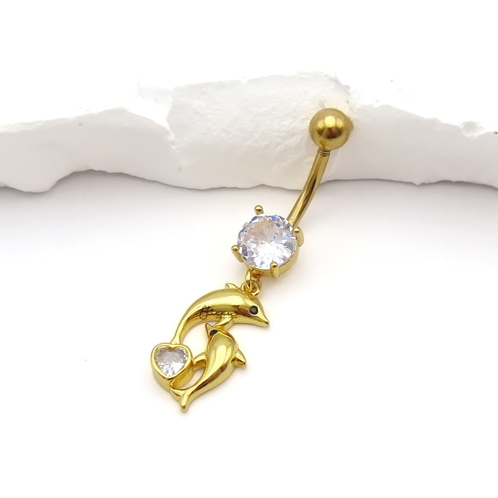 Double Dolphin CZ Dangle Belly Button Navel Ring