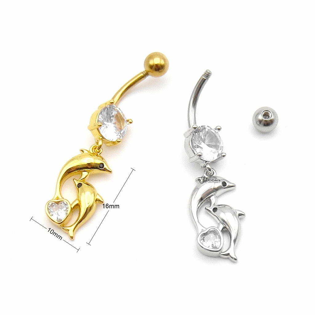 Double Dolphin CZ Dangle Belly Button Navel Ring