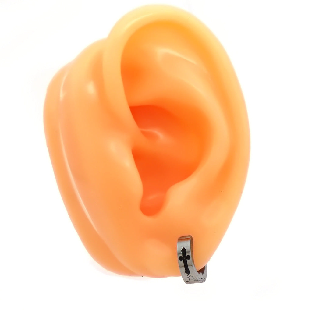 Stainless Steel Clip On Cross Hoop Earrings-Non Piercing-4-Glitters