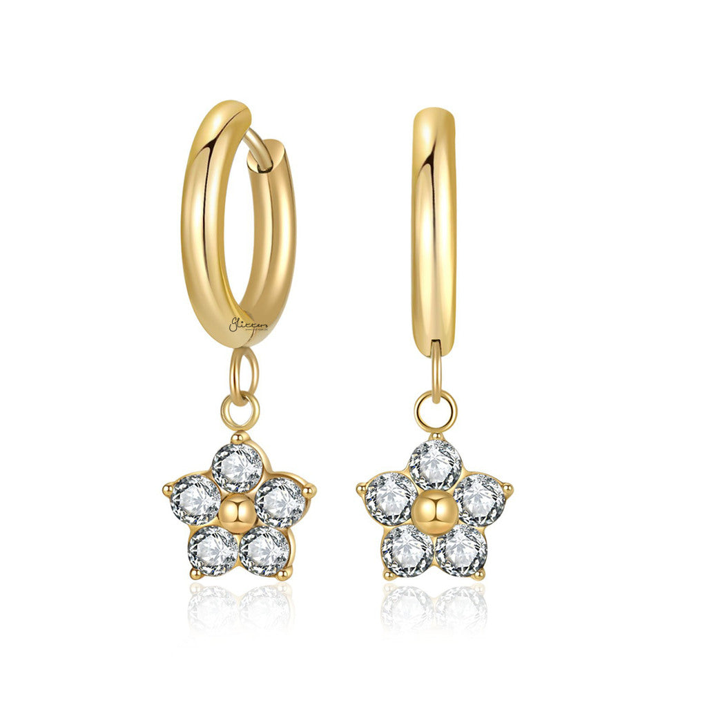 Stainless Steel CZ Flower Dangle Hoop Earrings