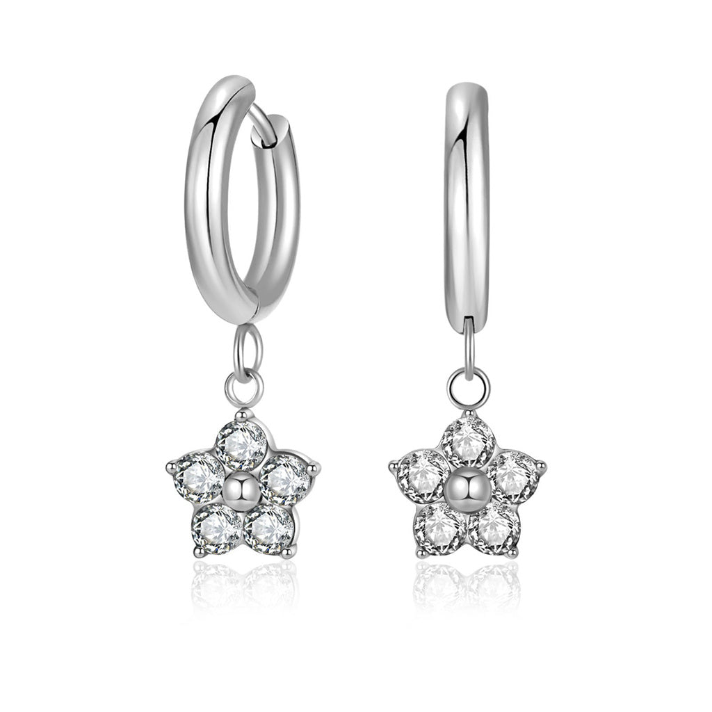 Stainless Steel CZ Flower Dangle Hoop Earrings