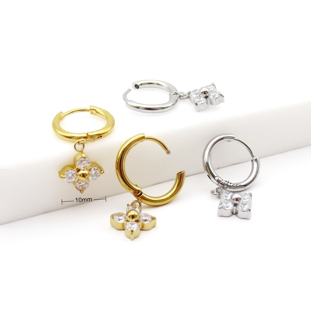 Stainless Steel CZ Clover Flower Dangle Hoop Earrings-Earrings-3-Glitters