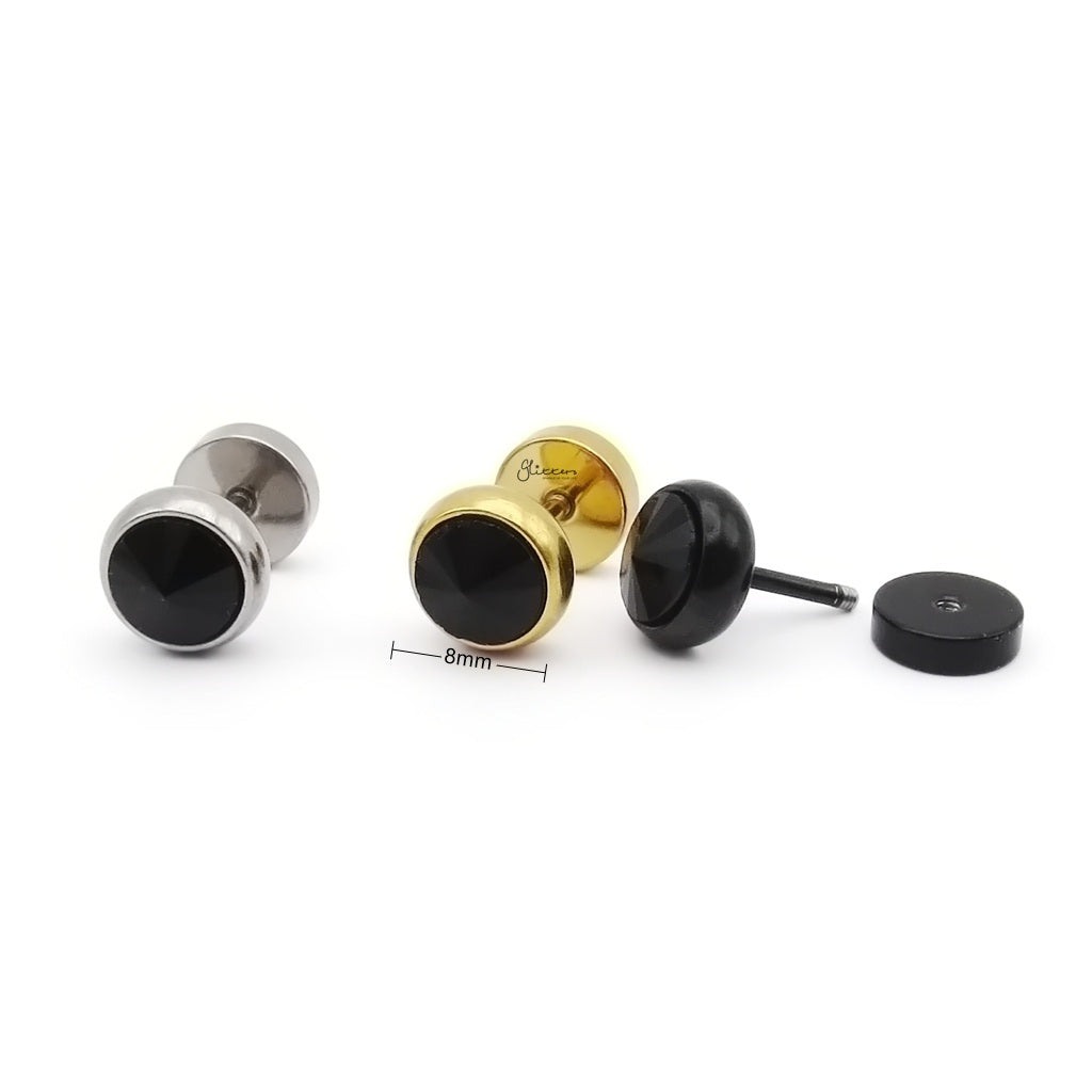 Stainless Steel Fake Plug Earring with Black Crystal Stone