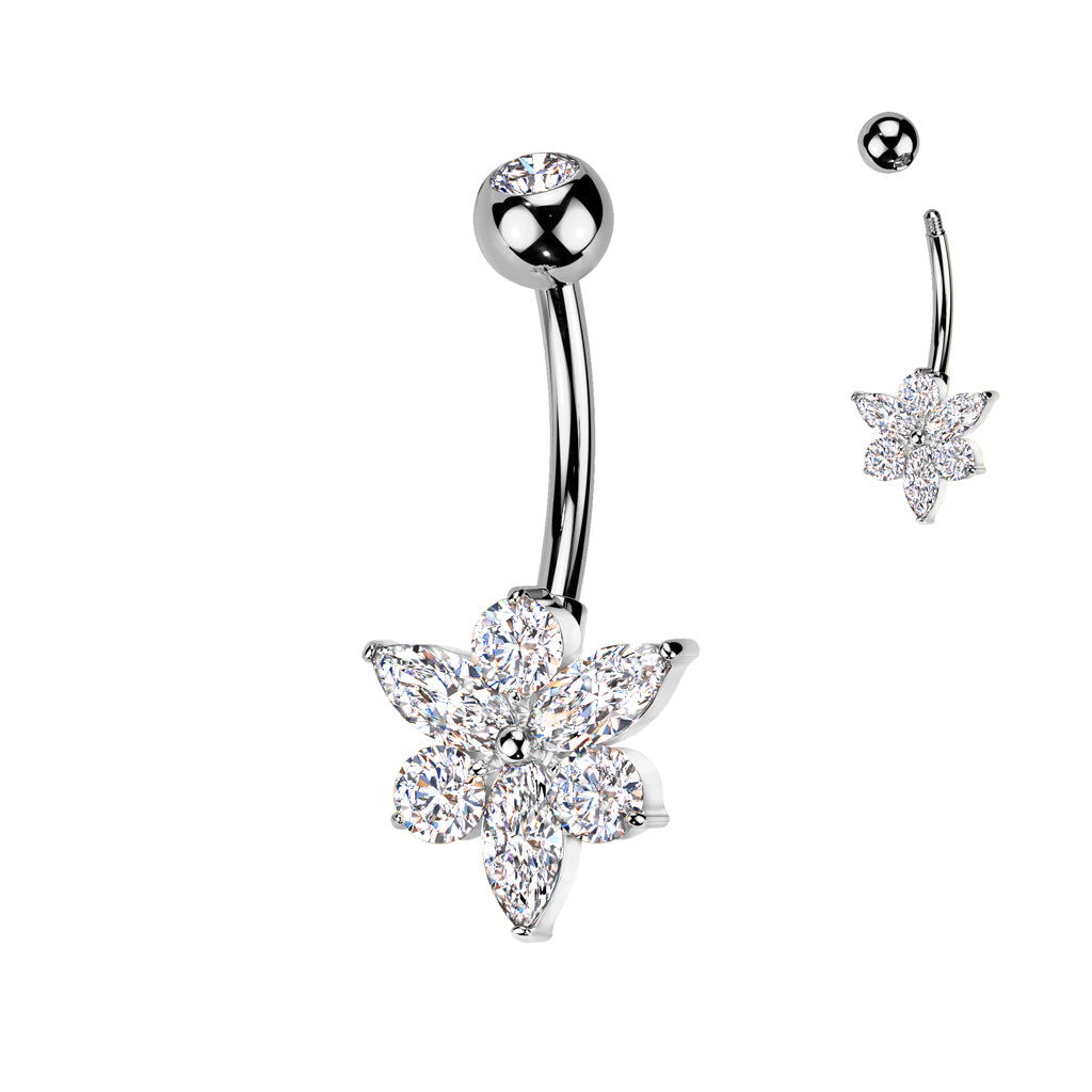 Marquise CZ Flower Titanium Belly Button Ring - Silver-Belly Rings-1-Glitters