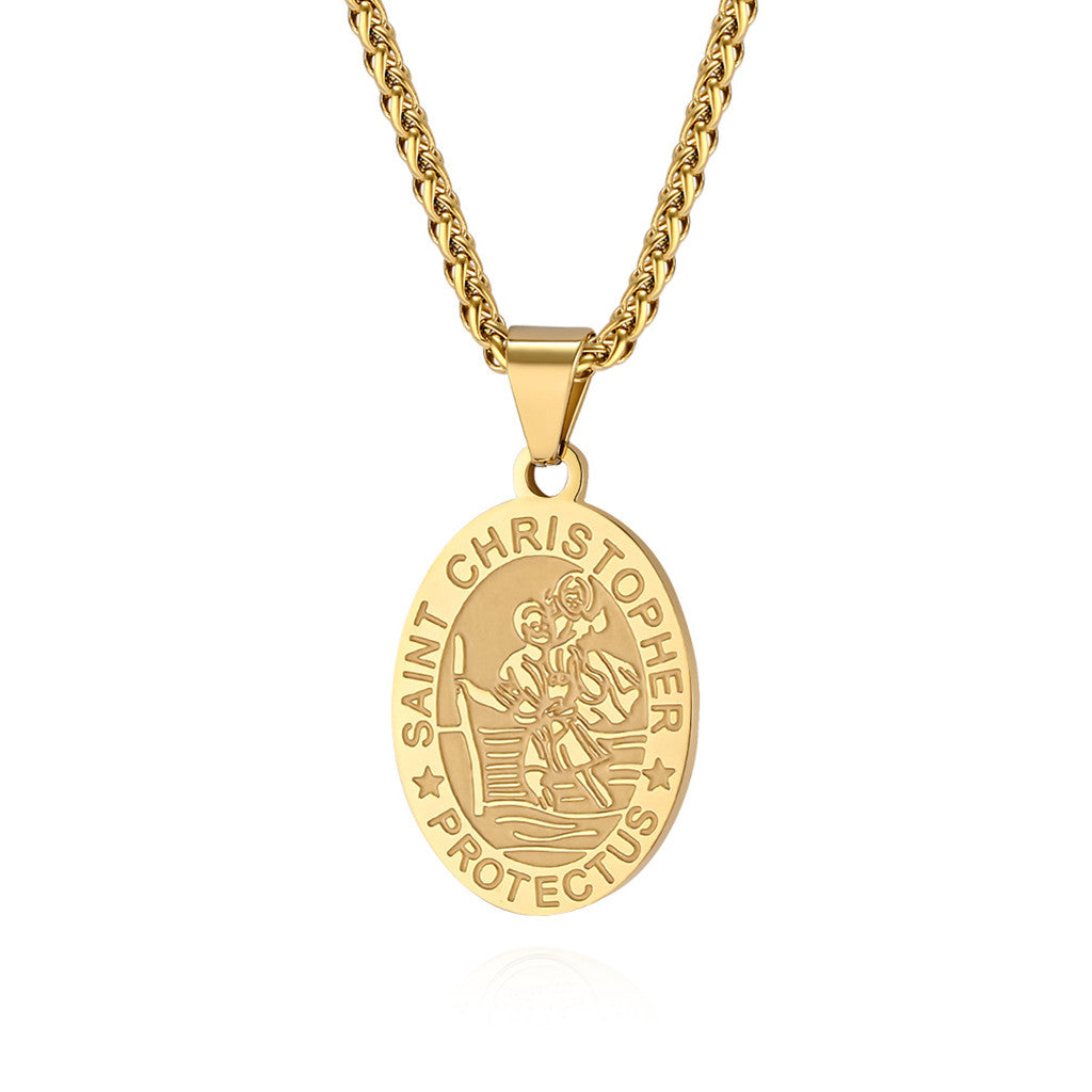 Stainless Steel St. Christopher Oval Shape Pendant - Gold-Pendants-1-Glitters