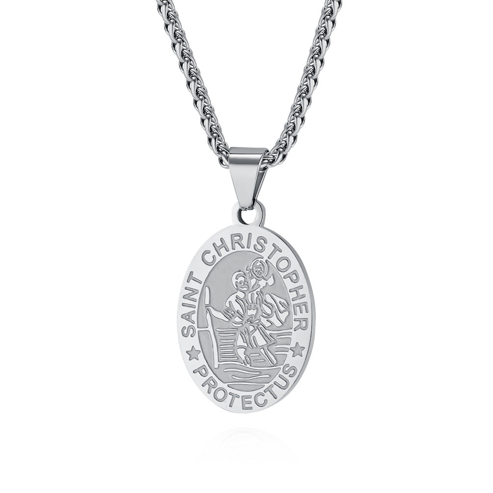 Stainless Steel St. Christopher Oval Shape Pendant - Silver-Pendants-1-Glitters