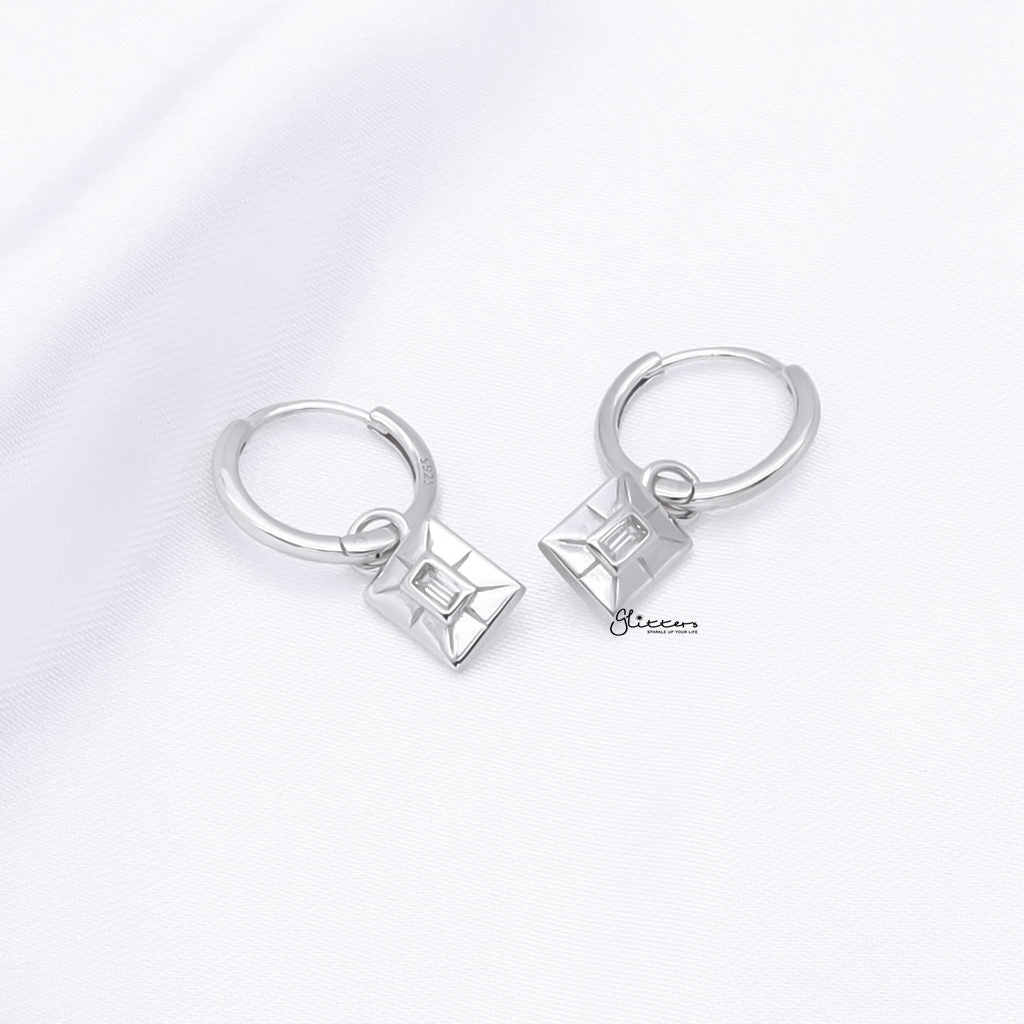 Rectangle Charm Huggie Hoop Earrings - Silver-Hoop Earrings-3-Glitters