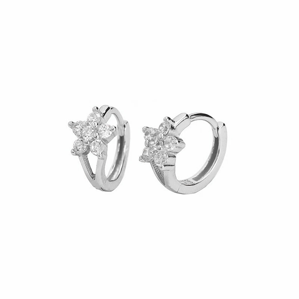 CZ Flower Huggie Hoop Earrings - Silver-Hoop Earrings-1-Glitters