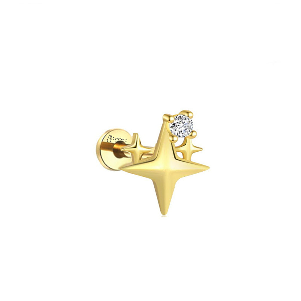 Triple Star with CZ Titanium Flat Back Stud Earrings-Tragus | Cartilage | Daith | Conch-2-Glitters