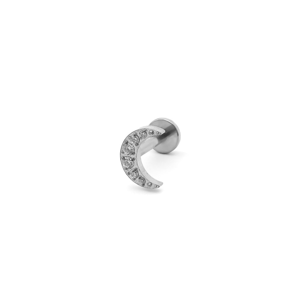 C.Z Crescent Moon Titanium Flat Back Stud Earring-Tragus | Cartilage | Daith | Conch-1-Glitters